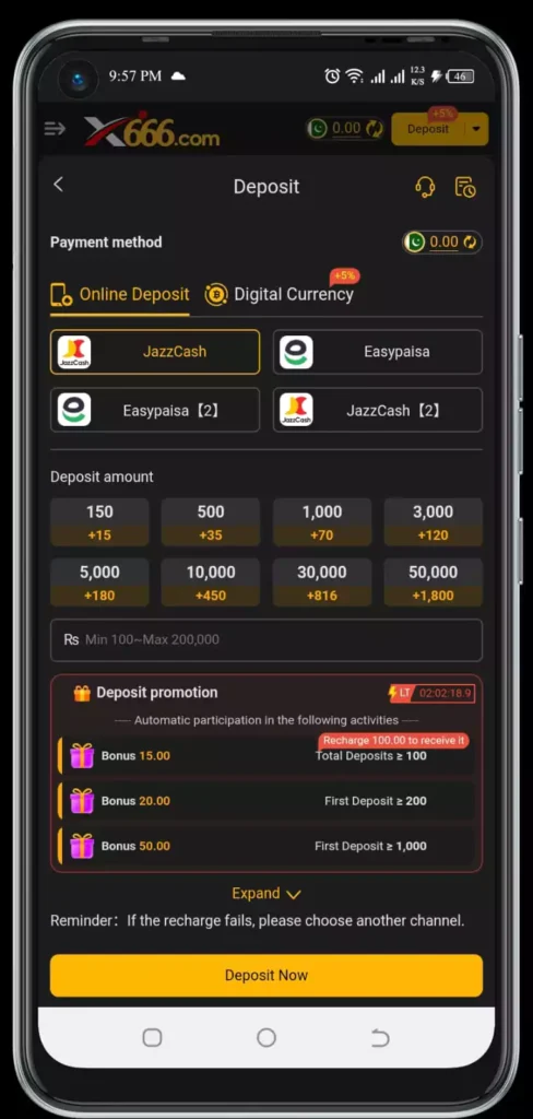 X666 Game Deposit and Withdraw Section Interface